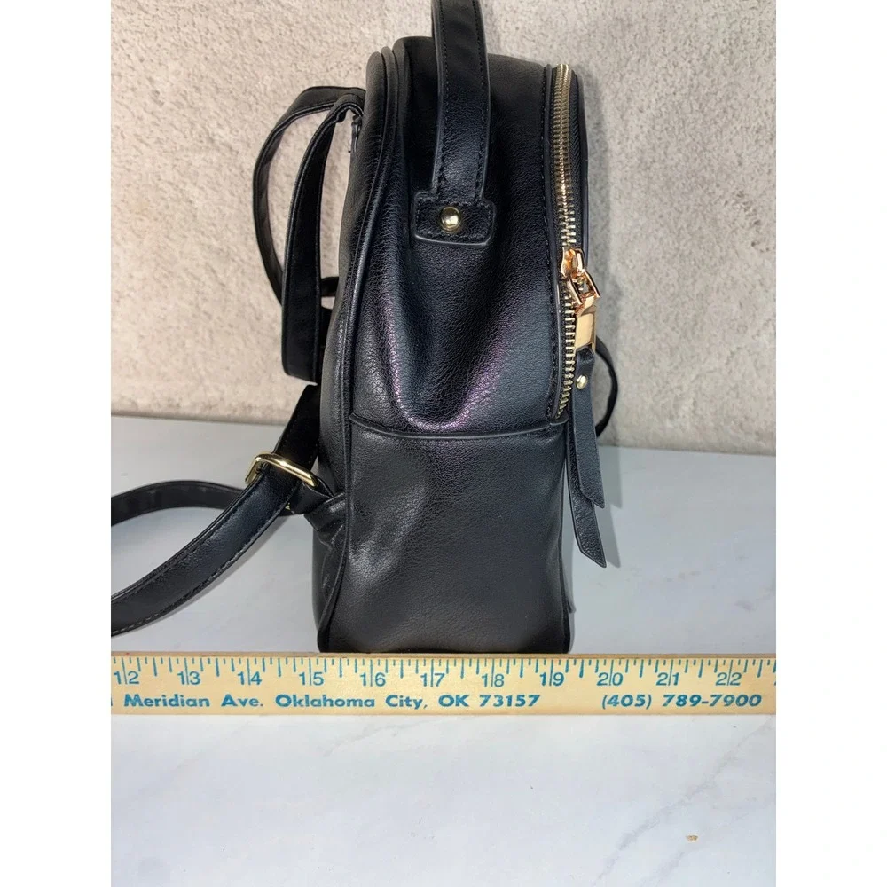 Black Faux Leather Mini Backpack - Small - Gold Hardware Chain Lining Chic Dark